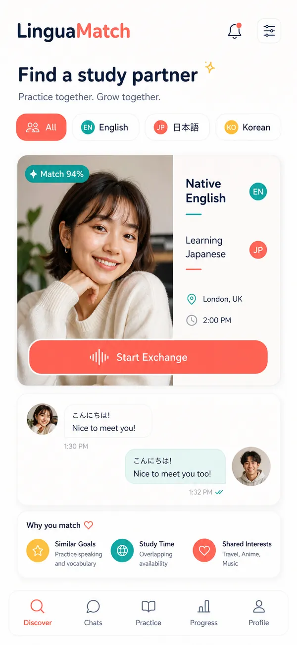 Language-exchange matching app — screenshot