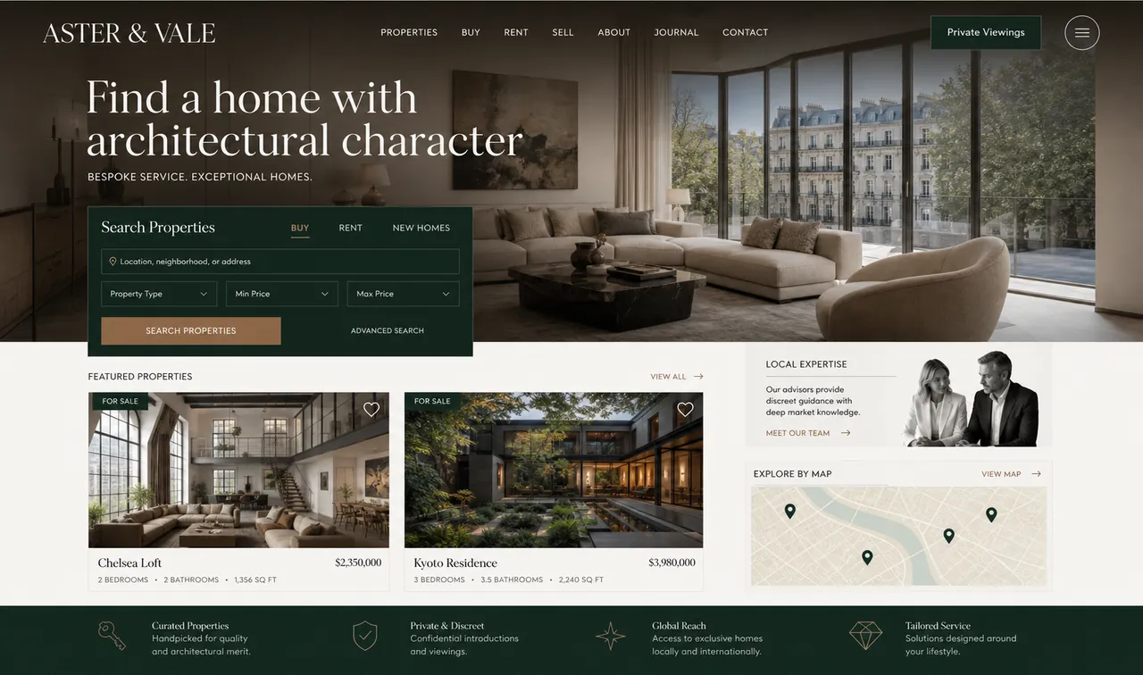 Aster & Vale — boutique real estate website